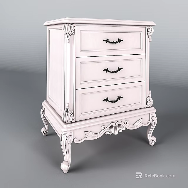 White Carved Nightstand With Three Drawers Black Handles And Ornate Legs 3d model 