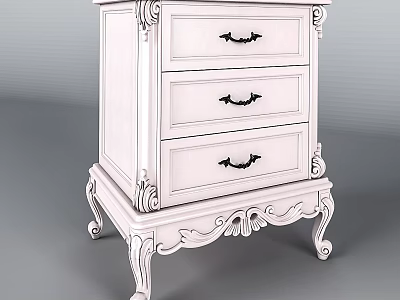 White Carved Nightstand With Three Drawers Black Handles And Ornate Legs 3d model