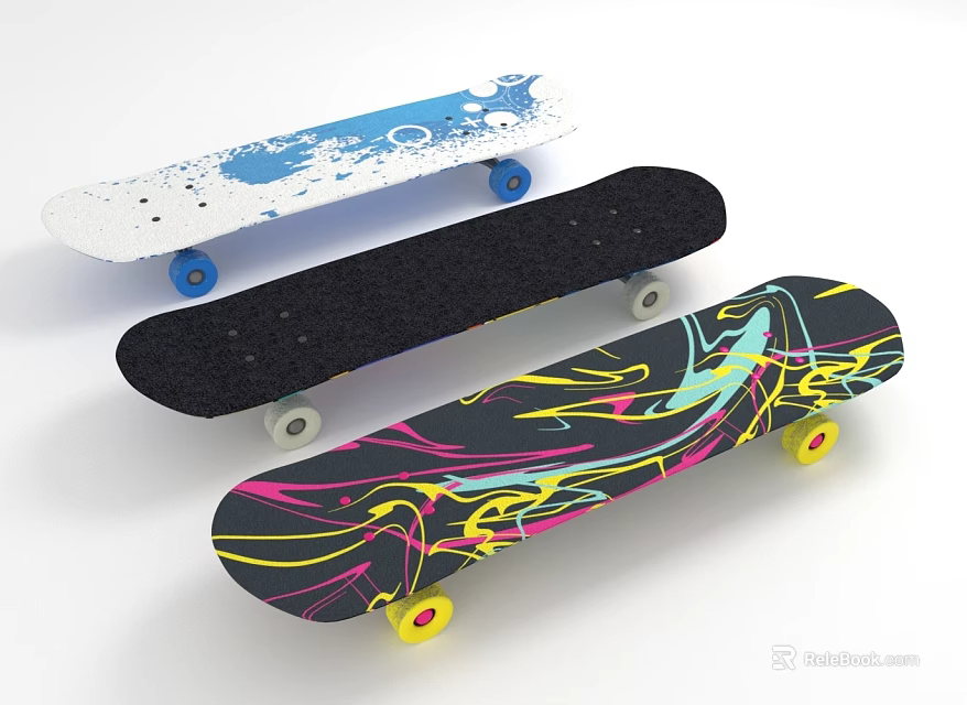 Colorful Skateboards With Various Designs And Colored Wheels For Outdoor Sports Activities 3d model 