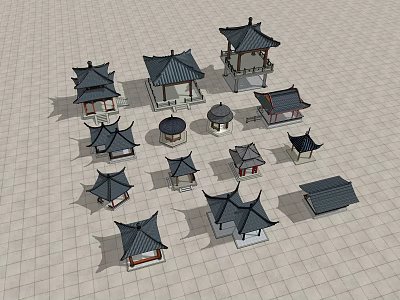Traditional Chinese Architecture Models With Various Roof Styles And Miniature Structures 3d model
