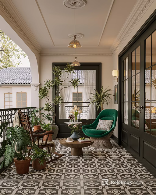 Cozy Villa Balcony With Green Armchair Potted Plants Hanging Lamps And Patterned Tiles 3d model 