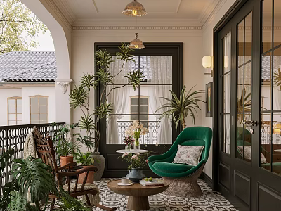 Cozy Villa Balcony With Green Armchair Potted Plants Hanging Lamps And Patterned Tiles 3d model
