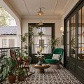 Cozy Villa Balcony With Green Armchair Potted Plants Hanging Lamps And Patterned Tiles
