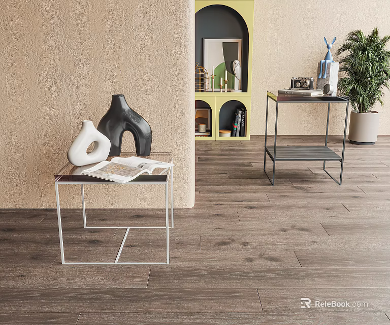 Modern Side Tables in Living Room with Magazines Sculptures Plant and Bookshelf 3d model 