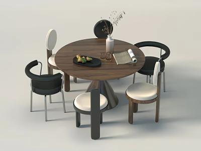 Modern Round Wooden Dining Table Set With Black Armrest Chairs White Cushions Fruit Vase 3d model