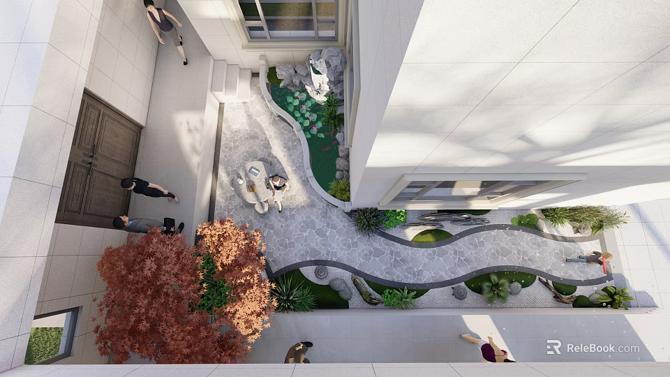 Courtyard Garden Landscape Design With Stone Pathway Pond Greenery And Red Leaves 3d model 