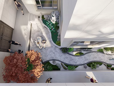Courtyard Garden Landscape Design With Stone Pathway Pond Greenery And Red Leaves 3d model
