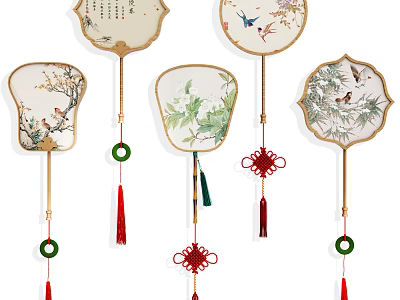 Traditional Chinese Fan Shaped Hanging Decorations With Floral Bird Patterns And Tassels 3d model