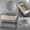 Modern Minimalist Concrete Washbasin Design With Black Metal Stand Round Mirror And Faucet