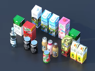 Colorful Assorted Beverages with Various Packaging Boxes Bottles and Cans 3d model