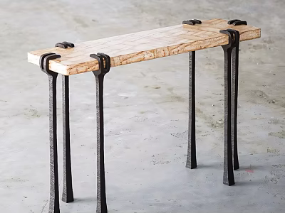 Industrial Bar Counter With Natural Wooden Top And Black Metal Legs Design 3d model