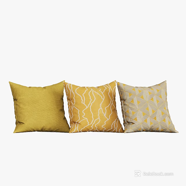 Stylish Decorative Yellow Cushions with Wavy Patterns and Triangular Designs 3d model