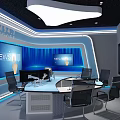 Modern Public Office Space With Circular Conference Table Blue Background Wall News Screen And Lighting