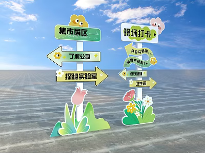 Cartoon Directional Signage Showing Urban Exhibition Area Knowledge Park Adventure Lab Playground With Flowers Grass 3d model