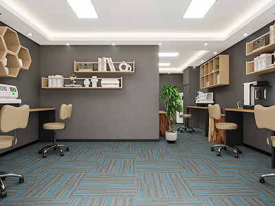 Office Interior Design With Gray Walls Wooden Shelves Green Plant And Blue Gray Striped Carpet 3d model