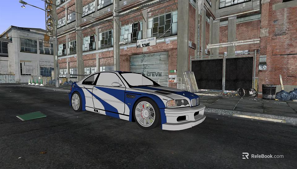 Blue and white modified car with large wheels parked in front of old factory building 3d model 