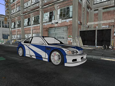 Blue and white modified car with large wheels parked in front of old factory building 3d model