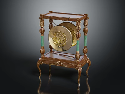 Ornate Brass Gong Stand With Green Columns Decorative Legs And Engraved Gongs 3d model