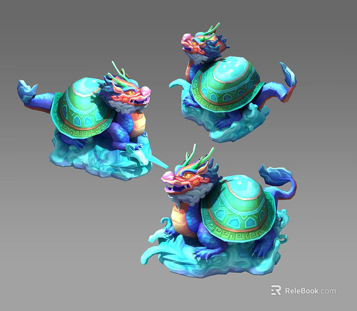 Colorful Dragon Turtle Statue With Green Shell And Blue Wave Base Design 3d model 