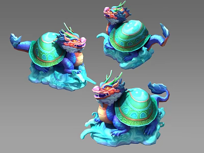 Colorful Dragon Turtle Statue With Green Shell And Blue Wave Base Design 3d model