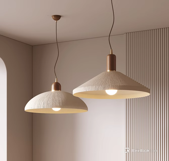 Two Modern Textured Beige Pendant Lights Hanging In Interior With Vertical Striped Wall 3d model 
