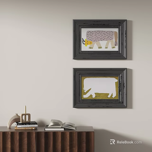 Two Abstract Paintings With Black Frames Hanging On Light Gray Wall For Home Decor 3d model