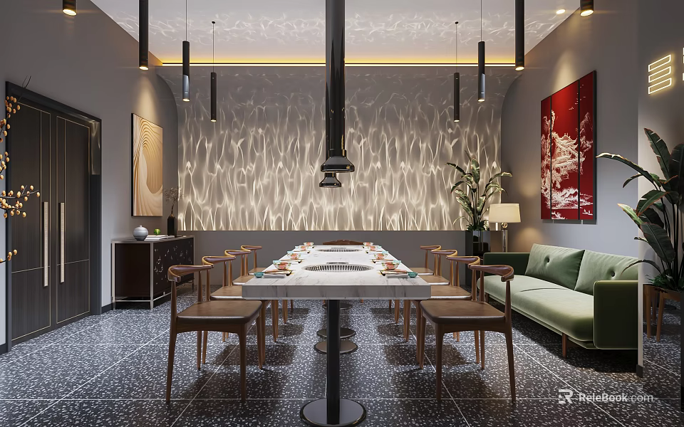 Elegant Private Dining Box With Long Table Green Sofa Pendant Lights And Decorative Artwork 3d model