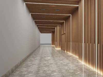 Modern Elevator Corridor With Wooden Ceiling Slat Walls And Marble Flooring 3d model