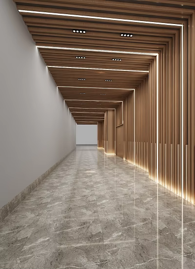 Modern Elevator Corridor With Wooden Ceiling Slat Walls And Marble Flooring 3d model
