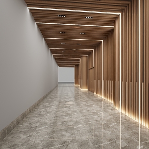 Modern corridor walkway promenade aisle wooden grille linear light 3d model