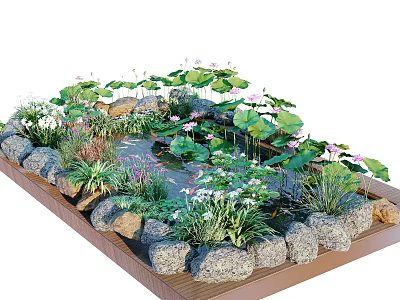 Beautiful Lotus Flowers In Pond With Stones And Surrounding Plants 3d model