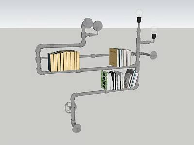 Industrial Style Bookshelf Constructed With Pipes Featuring Stacked Books And Light Fixtures 3d model