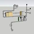 Industrial Style Bookshelf Constructed With Pipes Featuring Stacked Books And Light Fixtures