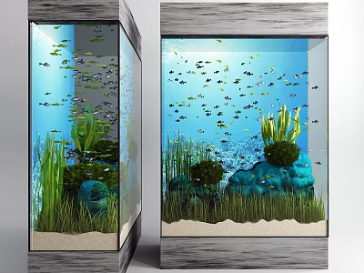 Aquarium Fish Tank With Wooden Frame Multiple Fish Aquatic Plants And Coral 3d model