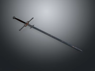 Medieval Steel Sword with Ornate Hilt and Leather Handle Displayed on Gray Background 3d model