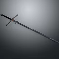 Medieval Steel Sword with Ornate Hilt and Leather Handle Displayed on Gray Background