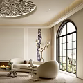 Elegant Modern Living Room Interior With Carved Circular Ceiling White Sofa And Large Arched Window