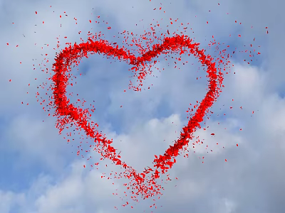 Heart Shape Formed By Red Petals Against Blue Sky With White Clouds 3d model