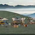 Garden Landscape Featuring Distant Mountains Lush Grassland Camping Tents Vehicles Outdoor Tables and String Lights