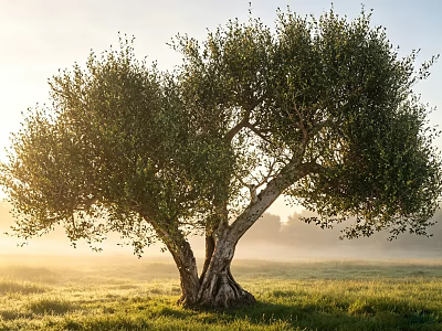 Large Tree With Thick Trunk And Lush Foliage In Morning Sunlight Over Misty Grass Field 3d model