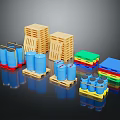 Storage Items Display With Wooden Pallets Blue Drums And Colorful Stacks
