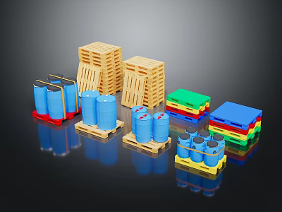 Storage Items Display With Wooden Pallets Blue Drums And Colorful Stacks 3d model