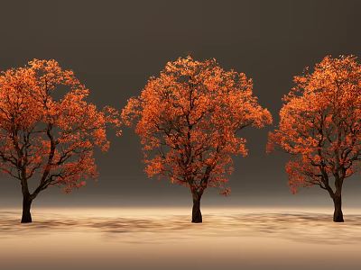 Three Deciduous Trees With Vibrant Orange Red Leaves In Scenic Autumn Landscape 3d model