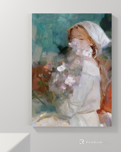 Figure Painting of Female with Pink Flowers in White Dress and Colorful Artistic Background 3d model 