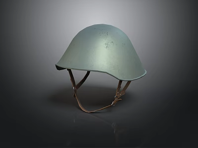 Green Helmet With Brown Leather Straps Placed On Dark Background Surface 3d model
