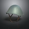Green Helmet With Brown Leather Straps Placed On Dark Background Surface