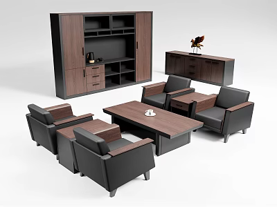 Stylish Office Desk With Leather Sofas Wooden Cabinet And Coffee Table 3d model