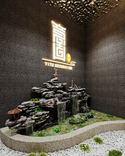 Dark Brick Wall Indoor Corner Miniature Garden Landscape With Rockery And Green Plants 3d model 