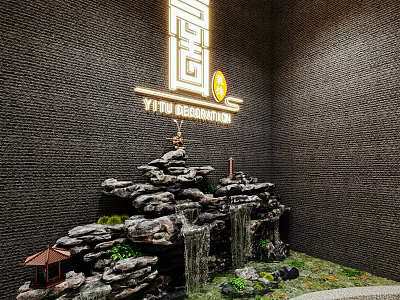 Dark Brick Wall Indoor Corner Miniature Garden Landscape With Rockery And Green Plants 3d model