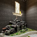 Dark Brick Wall Indoor Corner Miniature Garden Landscape With Rockery And Green Plants